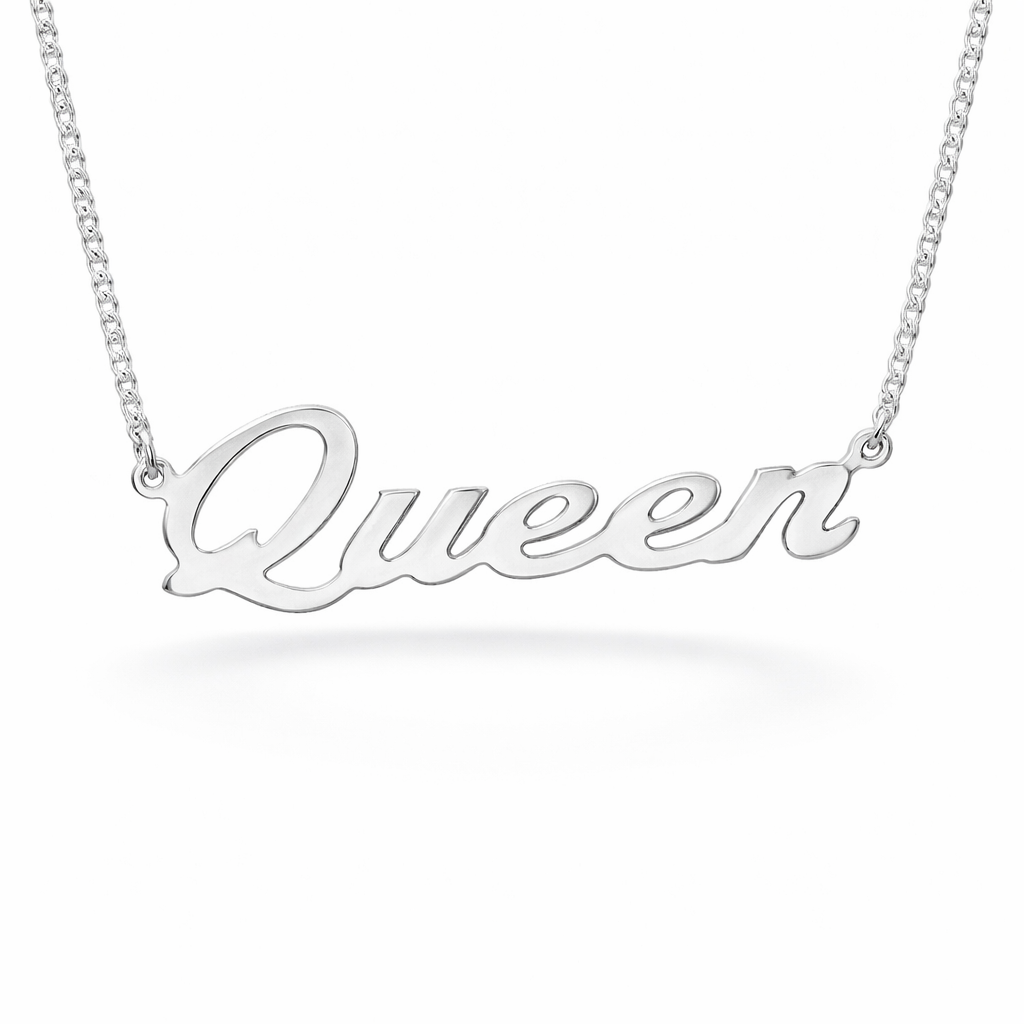 Silver 'Queen' necklace on a white background