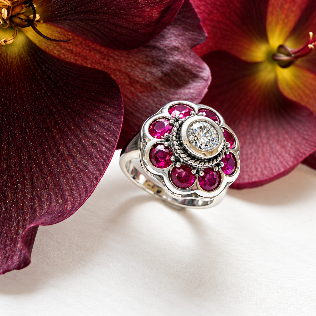 A silver ring with a floral cluster setting featuring bright pink rubies and a central clear gemstone, styled on a white surface with large dark red flowers in the background.