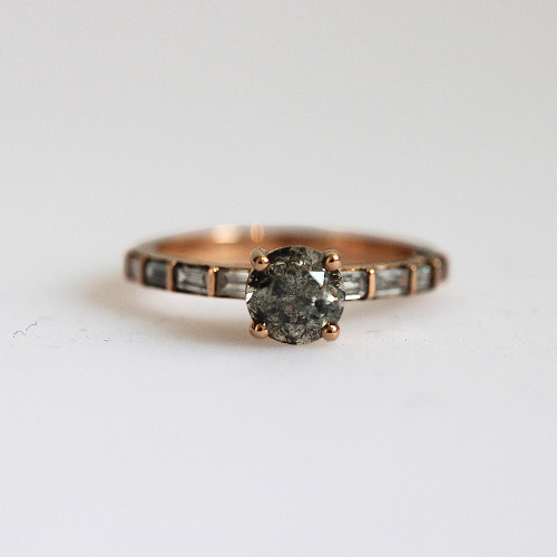 SALE - Baguette Band Salt + Pepper Diamond Solitaire