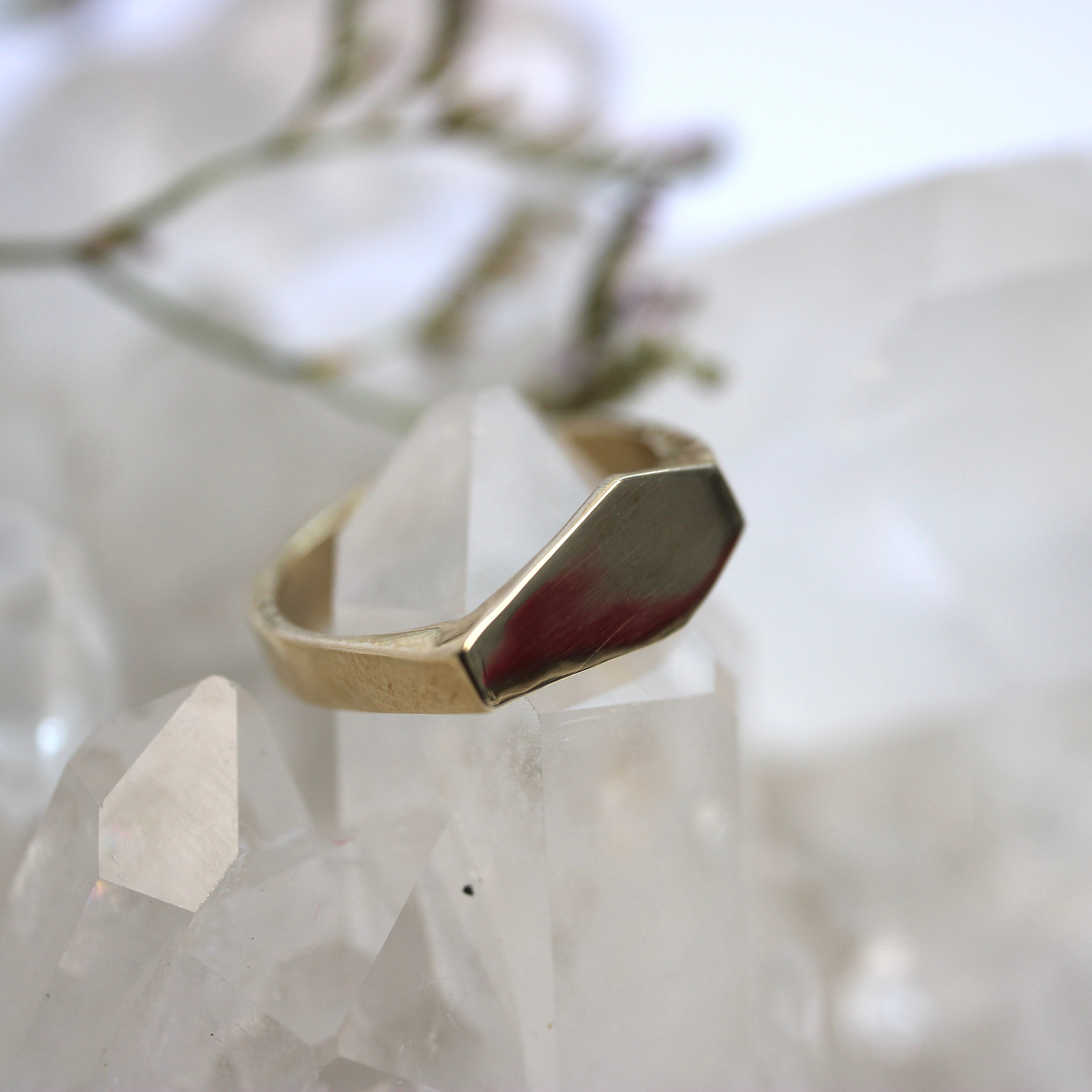 Gold coffin shaped ring on a crystal background