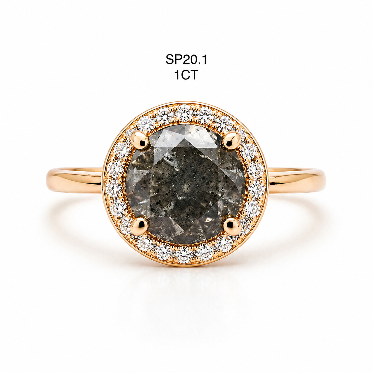 Rose gold ring with a dark diamond and smaller diamonds on a white background
