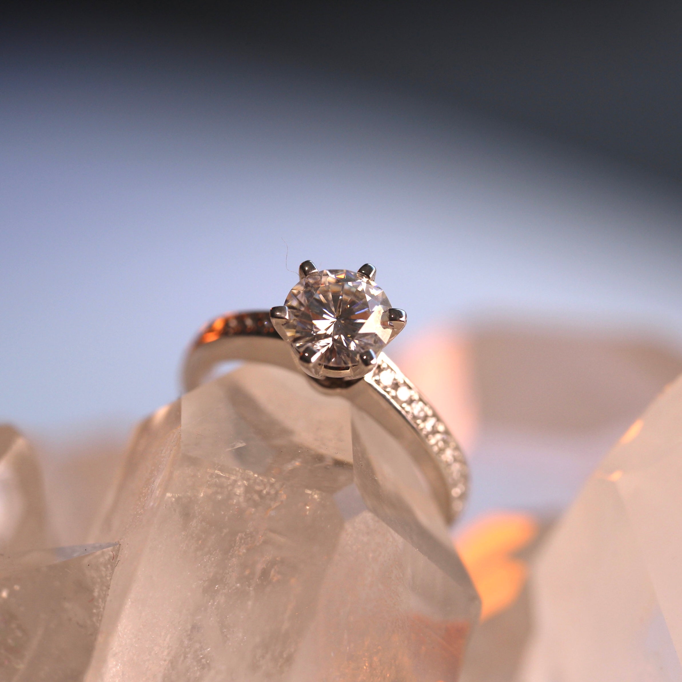 lab created diamond white gold solitaire with white diamonds on the shoulders