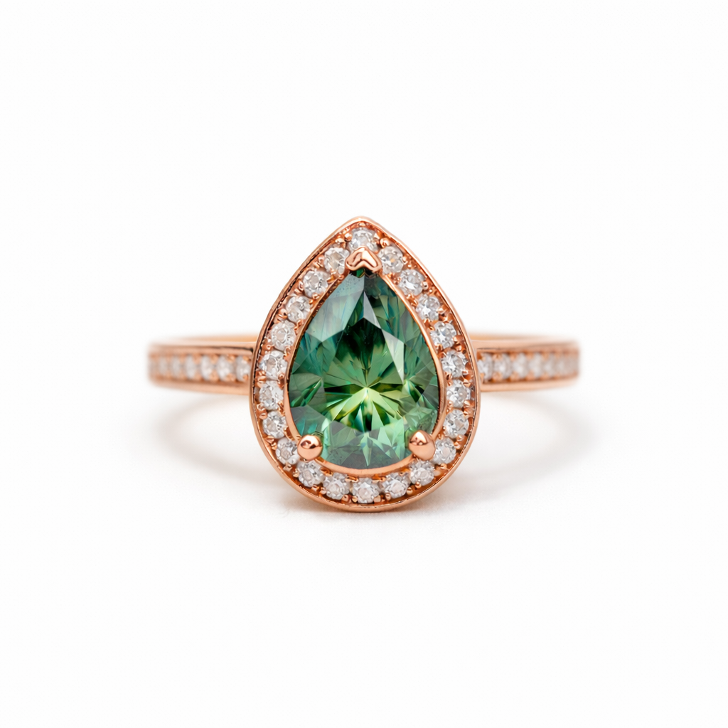 Ring with a green teardrop gemstone and rose gold setting on a white background