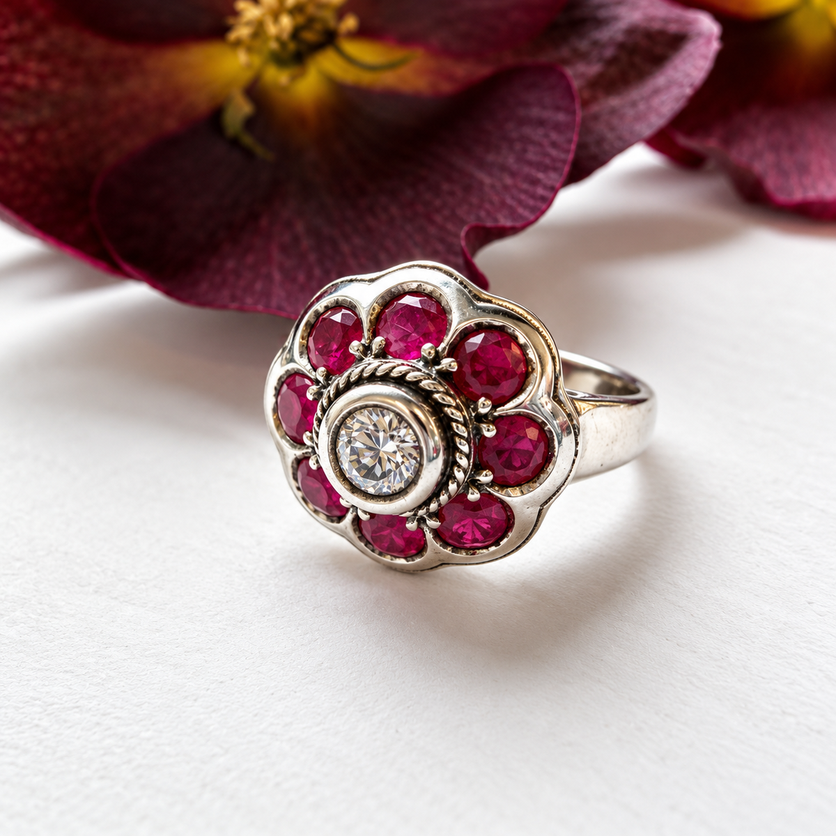 A silver ring with a scalloped floral face featuring seven bright pinkish-red round gemstones around a central clear round stone, photographed on a white surface with dark burgundy flower petals in the background.