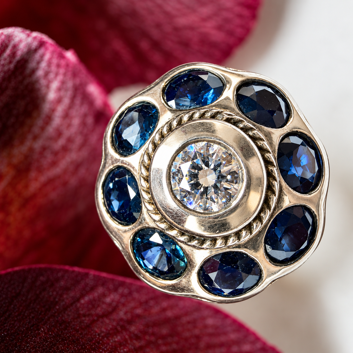 A close-up of a round silver-toned ring featuring a central clear round gemstone surrounded by eight deep blue oval-cut stones, set against a blurred dark red rose petal background.