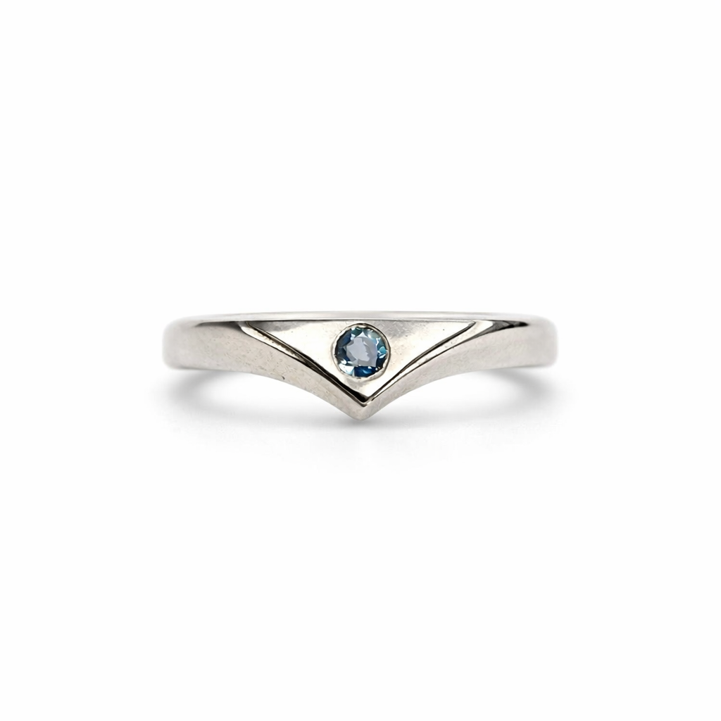Silver ring with a blue gemstone on a white background
