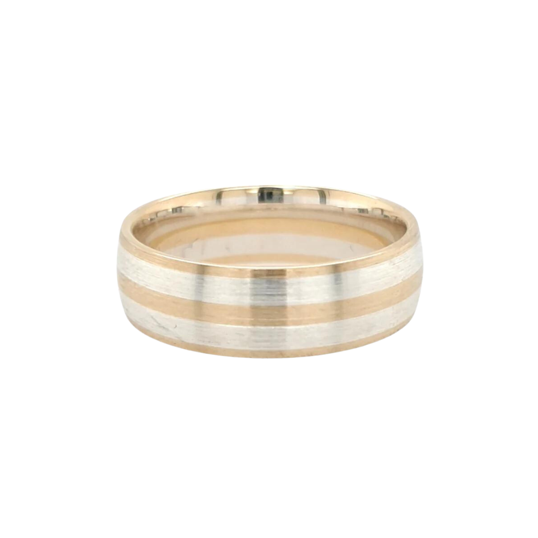 A two tone gold ring with mixed metals, featuring a 7mm width band with a brushed finish.