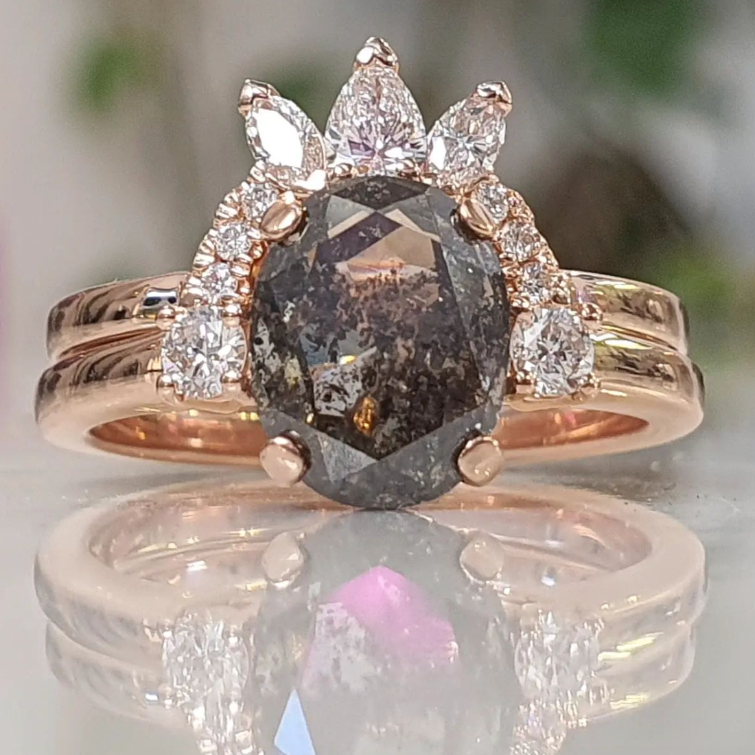 Windfall Jewellery Lotus Oval salt and pepper diamond engagement ring in rose gold with minimalist three-stone design — handcrafted fine jewellery Australia