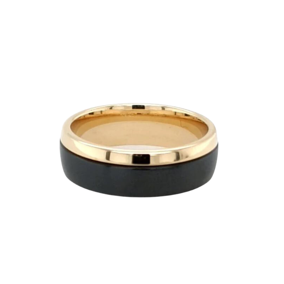 A two tone zirconium ring with gold inlay and edging, 7mm in width, displayed against a white background.