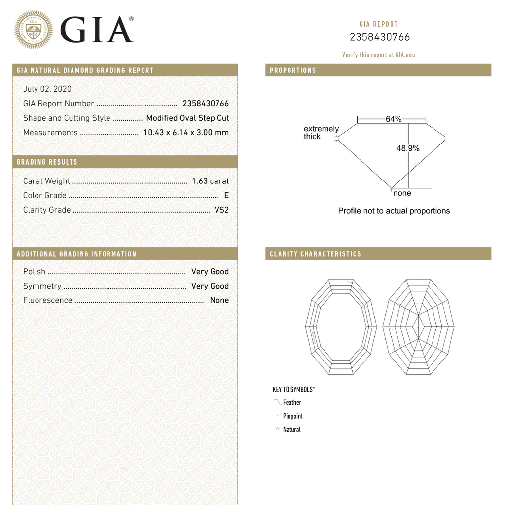 1.63ct 10.43x6.14x3.00mm GIA VS2 E Geo Oval Step Cut 18332-01
