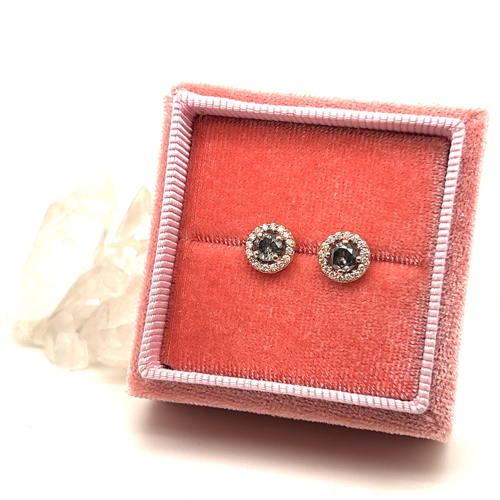 .94ct Salt and Pepper Halo Earrings - Rose Gold- Ready to Ship