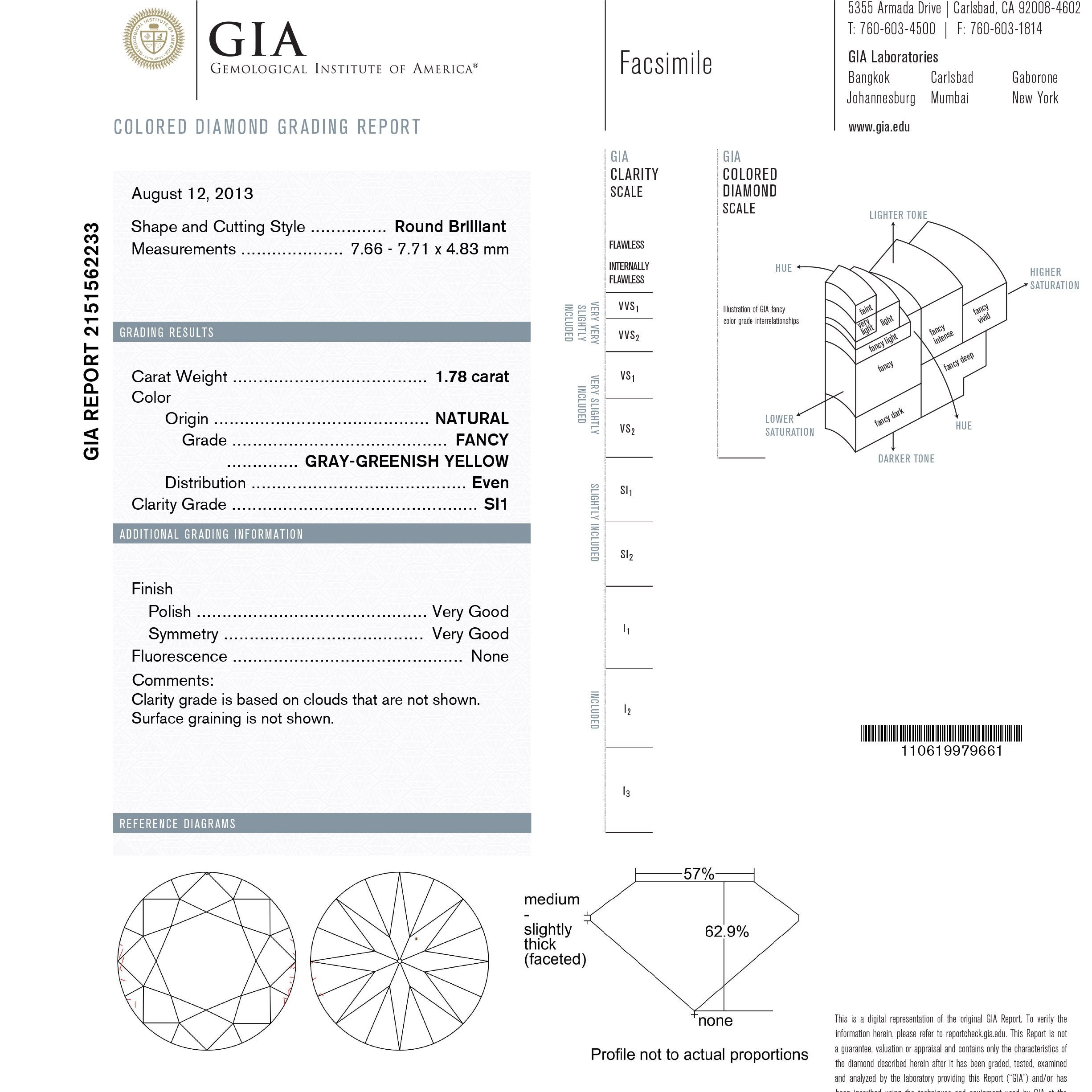 1.78ct 7.66x7.71x4.83mm GIA SI1 Fancy Grey-Greenish Yellow Round Brilliant 18298-01 hold d1122
