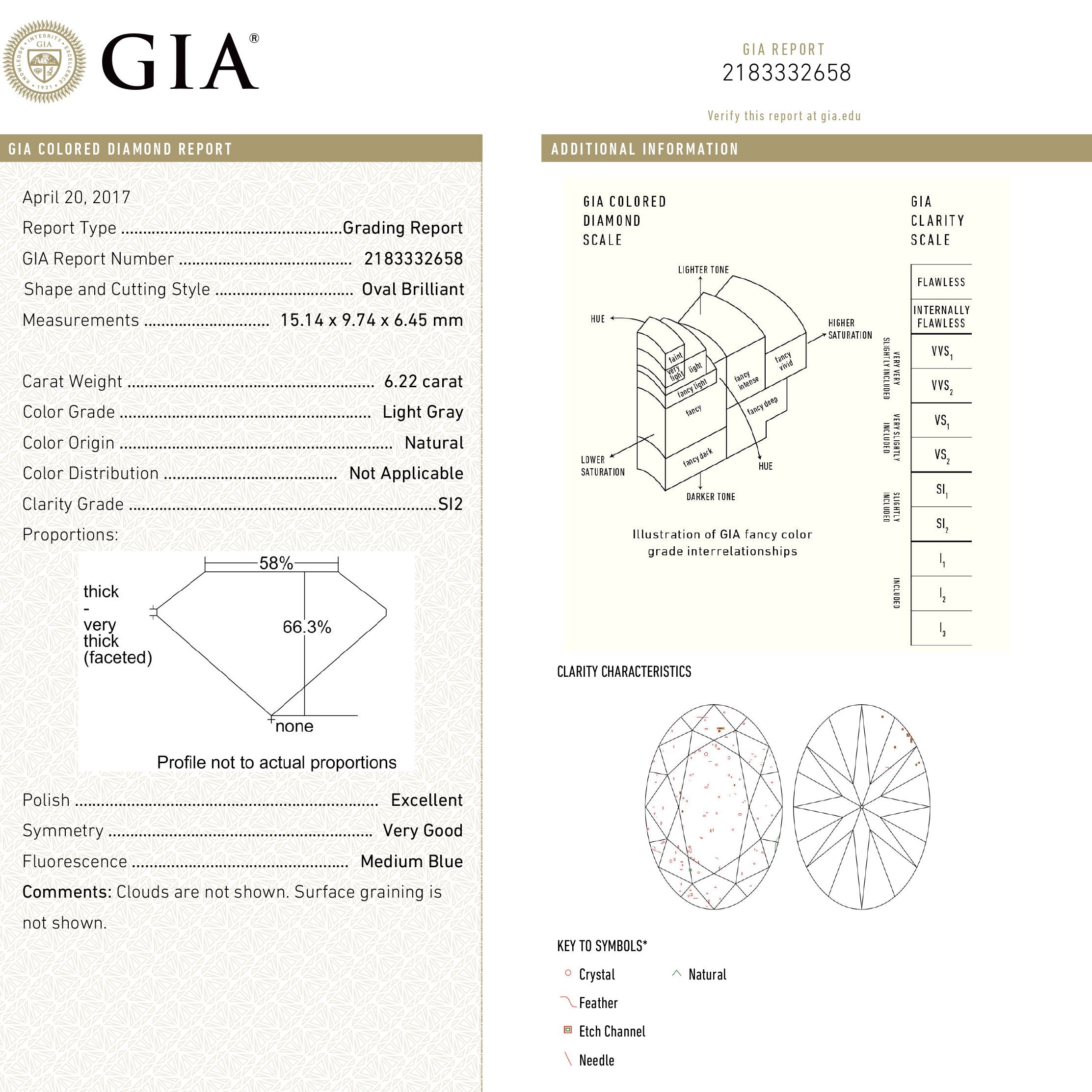 6.22ct 15.14x9.74x6.45mm GIA SI2 Light Grey Oval Brilliant 18274-01