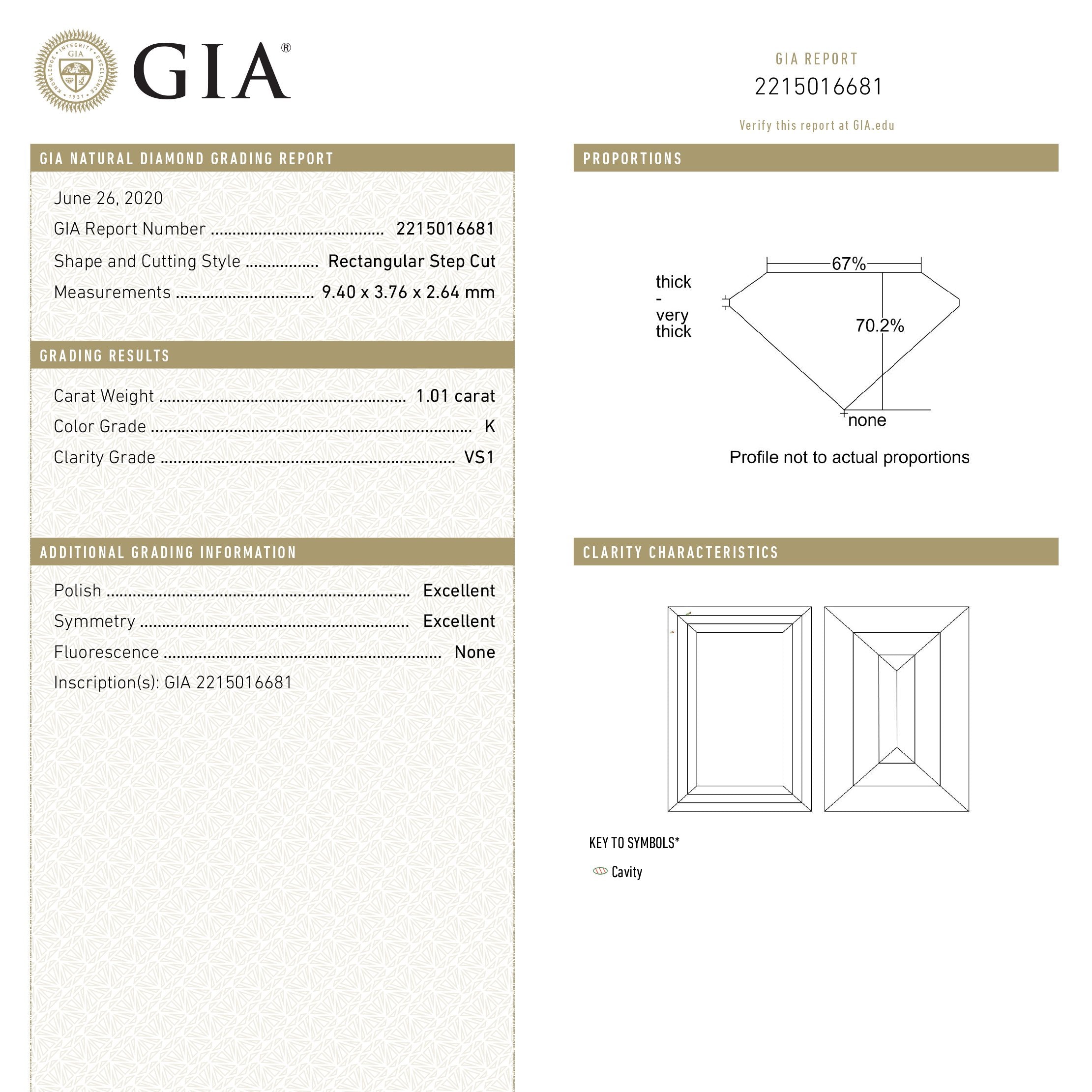 1.01ct 9.40x3.76x2.64mm GIA VS1 K Baguette 18389-01