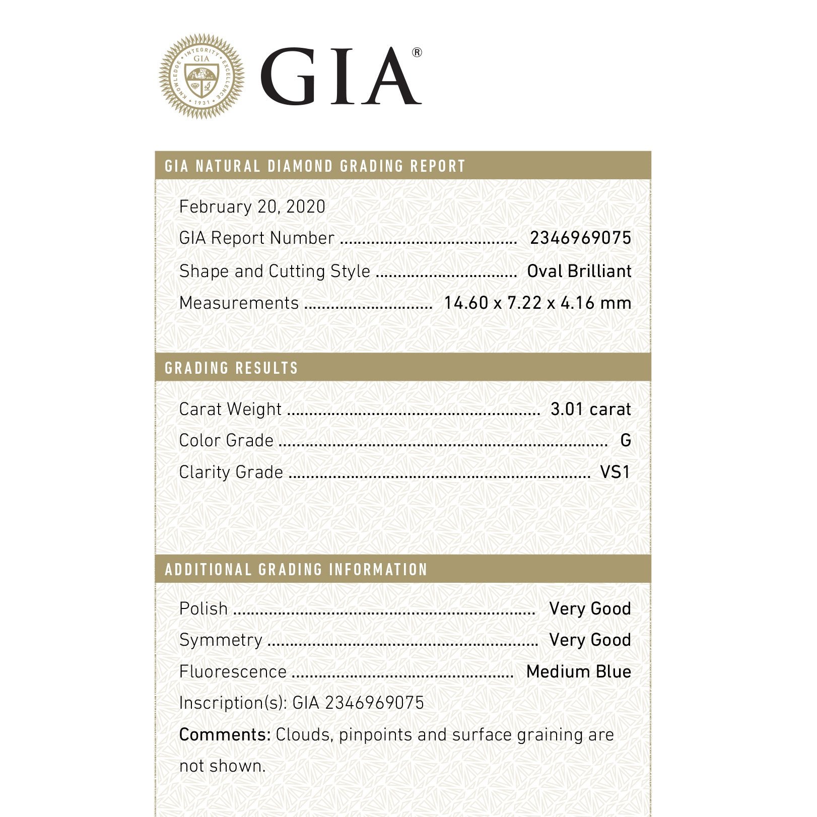 3.01ct 14.60x7.22x4.16mm GIA VS1 G Oval Billiant 18212-01