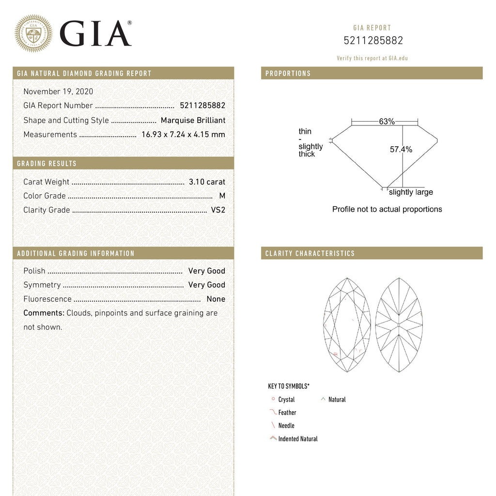 3.10ct 16.93x7.24x4.15mm GIA VS2 M Antique Marquise Brilliant Cut 18618-01