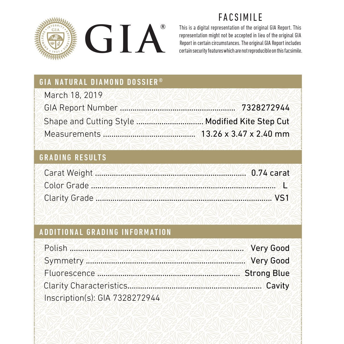 0.74ct 13.26x3.48x2.38mm GIA VS1 L Kite Rosecut 18160-01