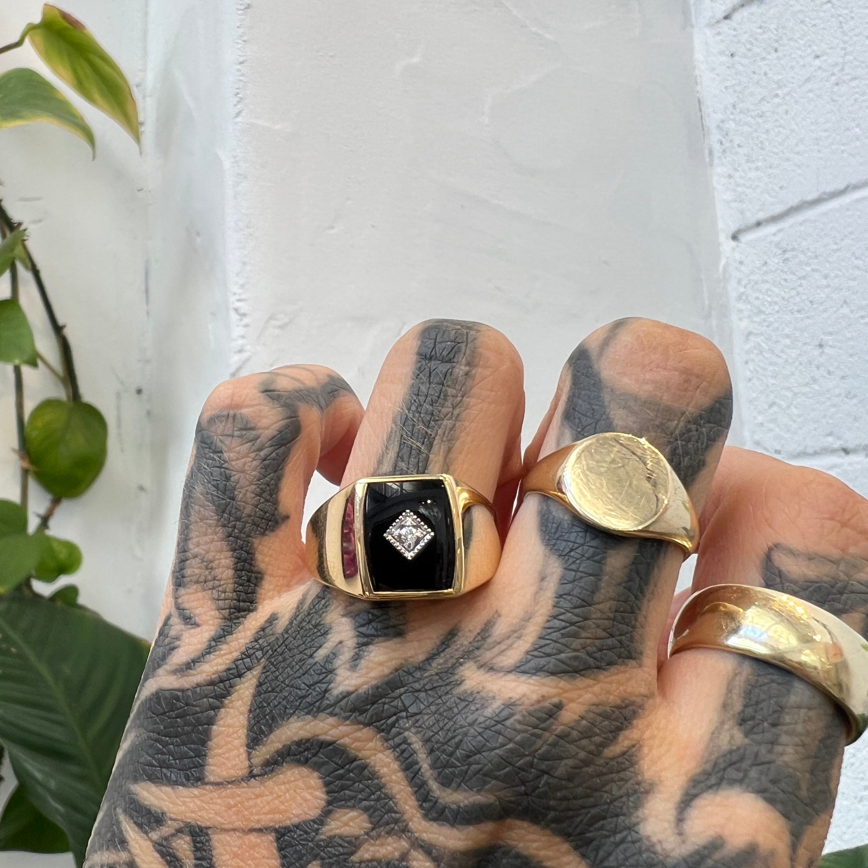 $ALE - Belize Black Onyx Signet - Diamond Set - Size 8 + 9 1/2