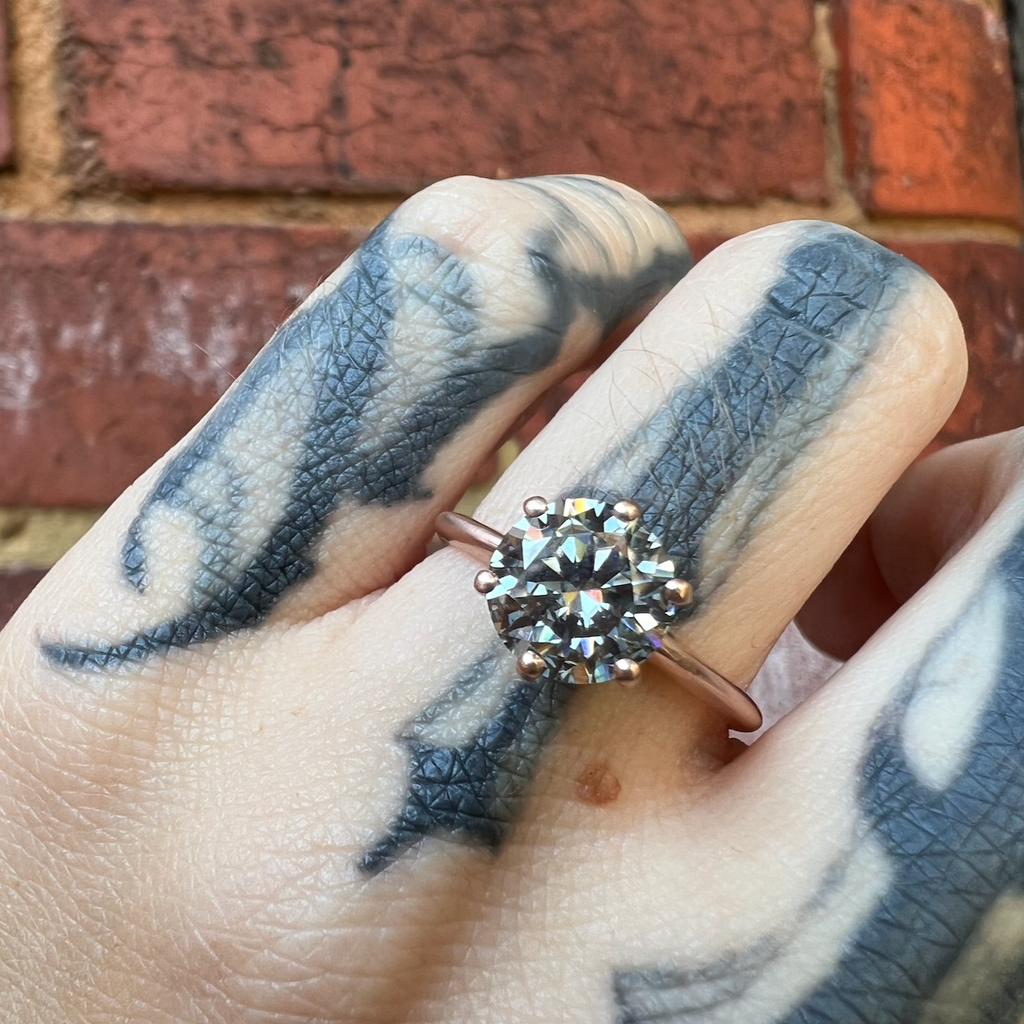 Fugazi Solitaire - Grey Moissanite - Brushed Rose Gold - Ready to Ship