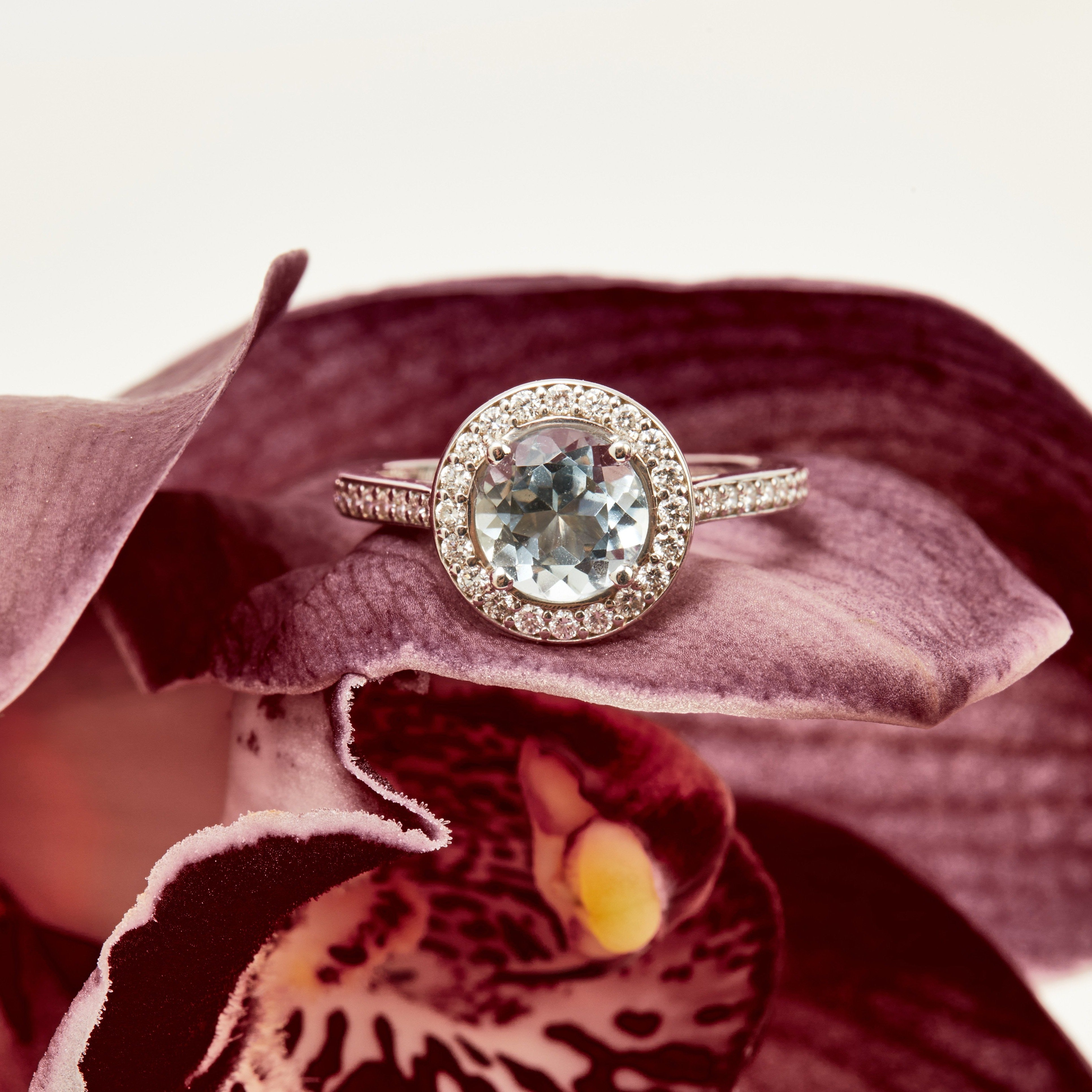 luxury white gold aquamarine ring with pave-set diamond band