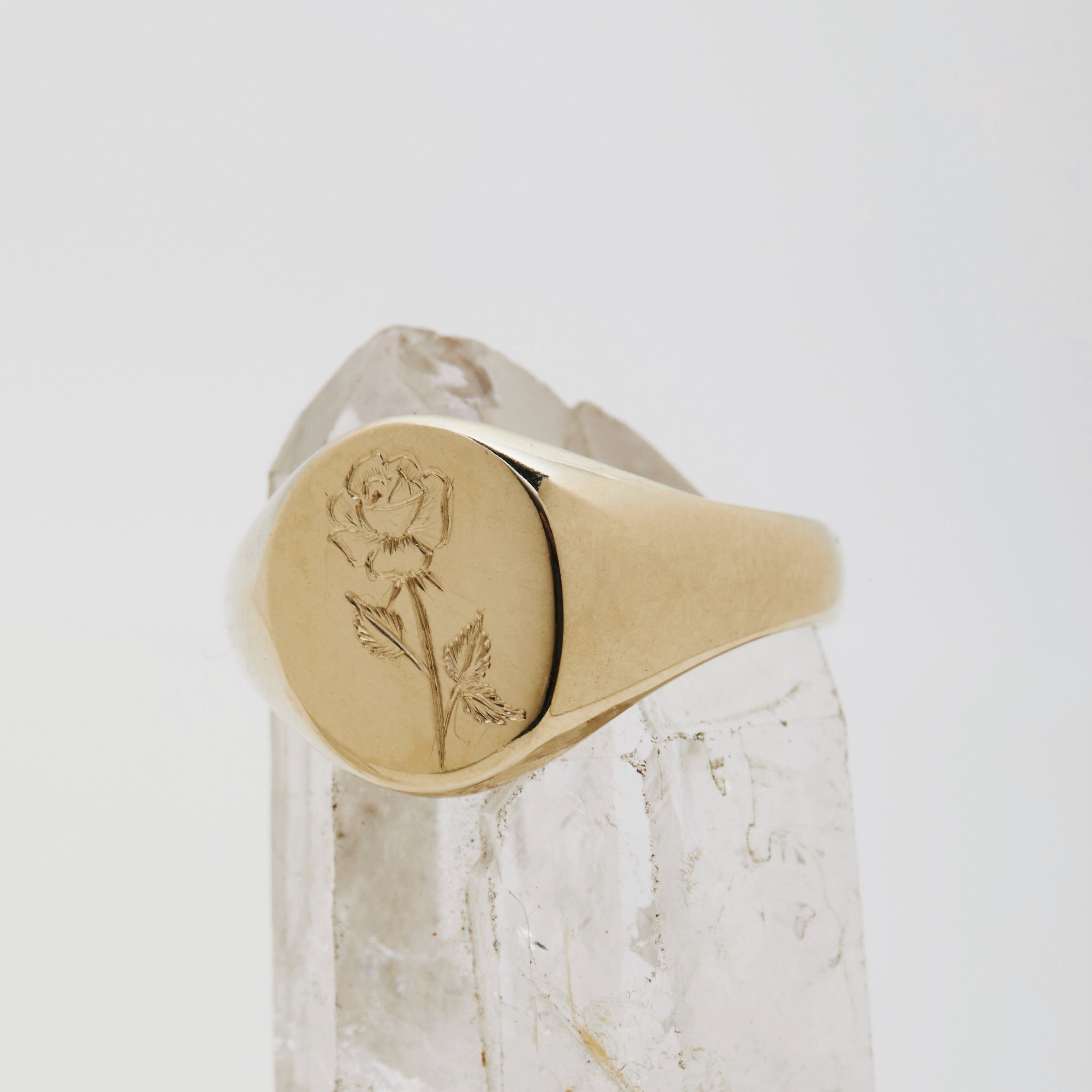rose hand engraved signet in yellow gold
