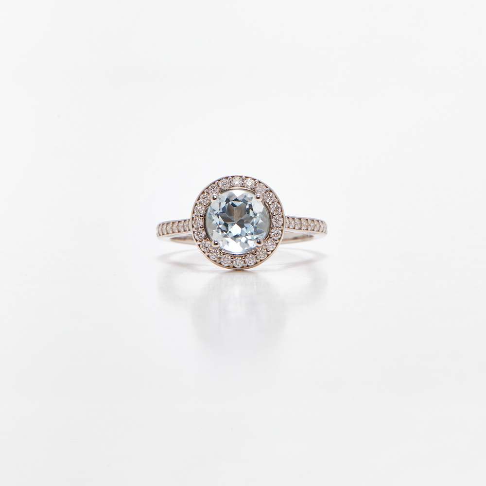 luxury white gold aquamarine ring with pave-set diamond band