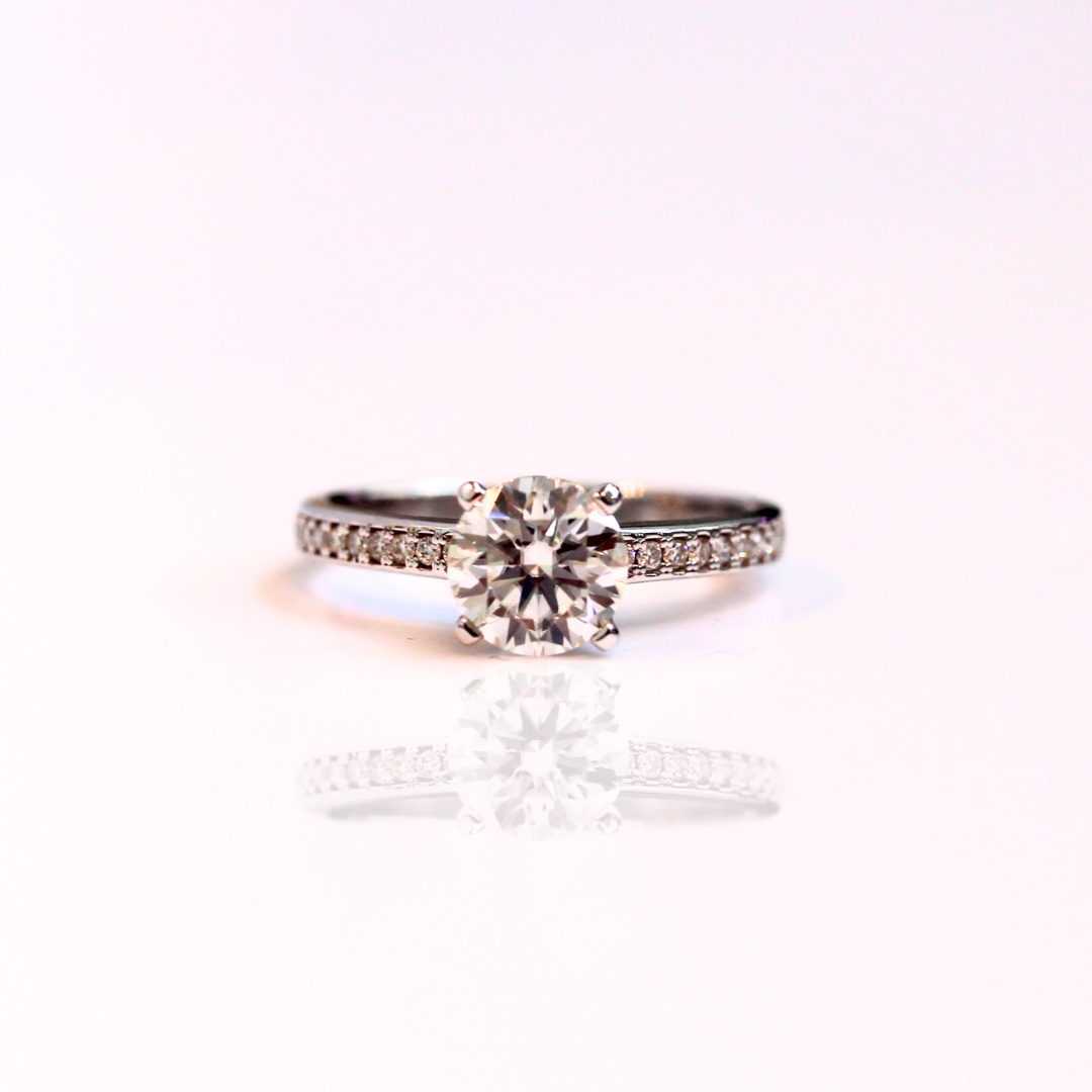 Windfall Jewellery Ara Solitaire diamond engagement ring with matching contoured wedding bands in white gold — elegant bridal set handcrafted in Australia