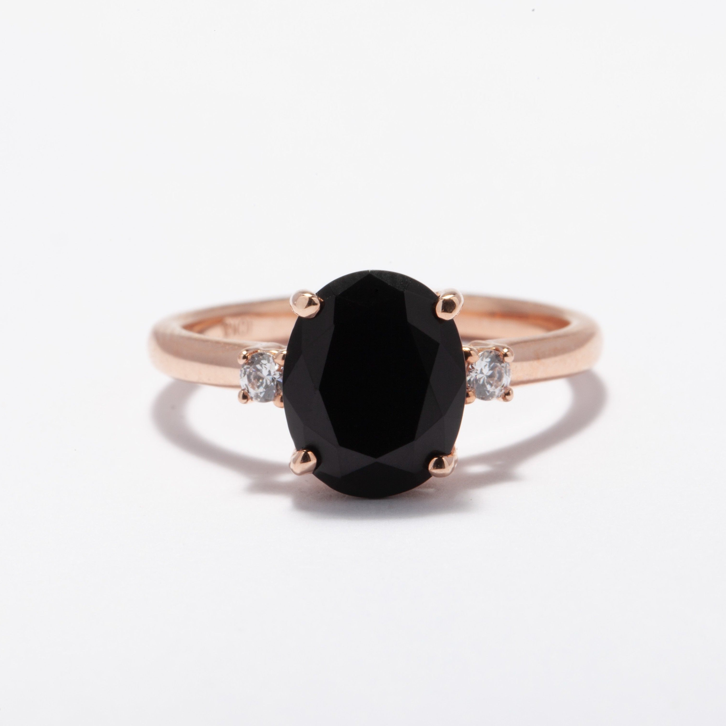 Windfall Jewellery Lotus Oval black diamond engagement ring in rose gold with minimalist three-stone design — handcrafted fine jewellery Australia